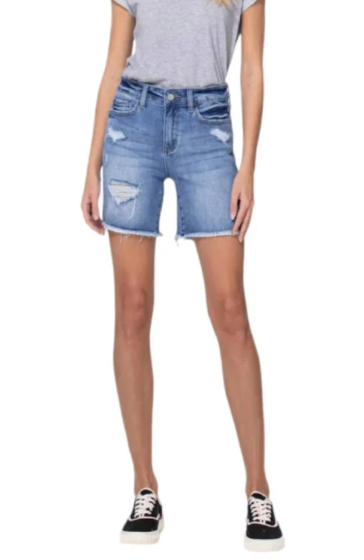 Hawthorne High Rise Midi Denim Shorts In Blue