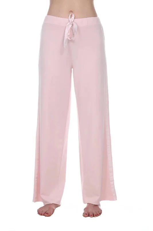 Kimber Long French Terry Wide Leg Pant With Satin Stripes In Blush