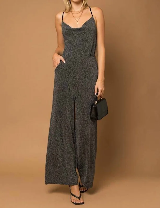 Metallic Cowl Neck Jumpsuit In Grey